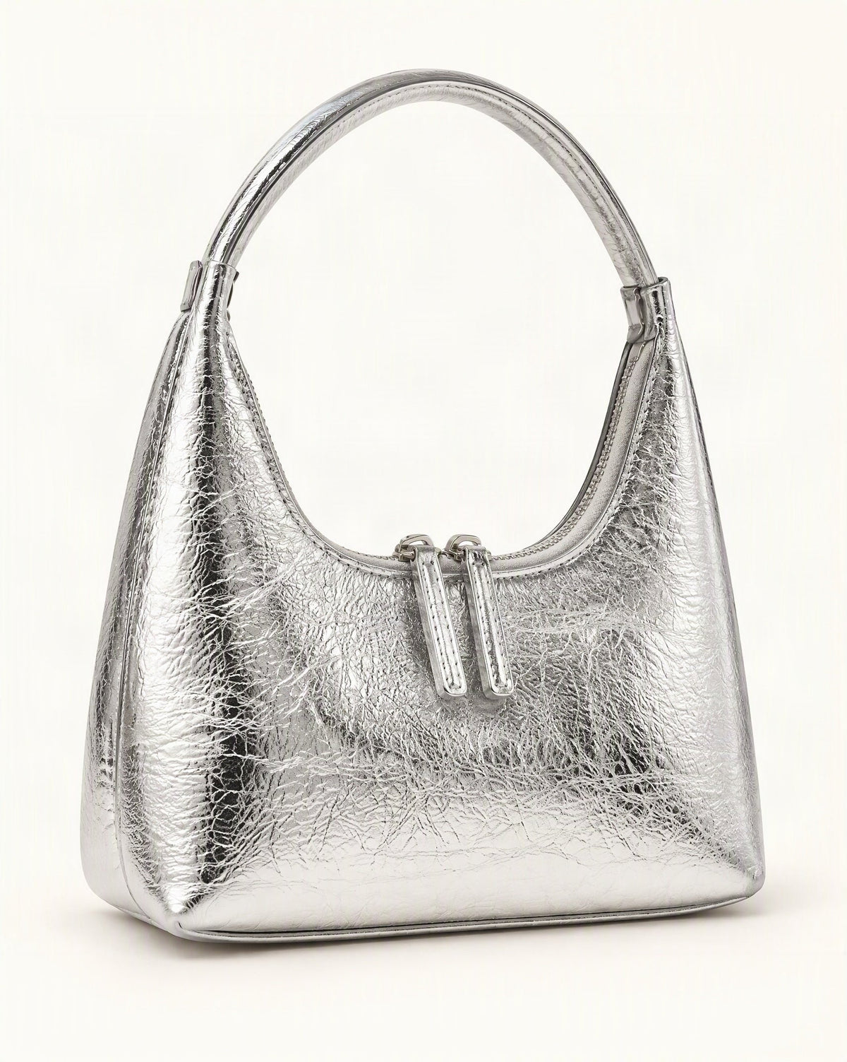 Cowhide Mini Top-Handle Hobo Bag with Double Zipper — front three-quarter view on a warm white background