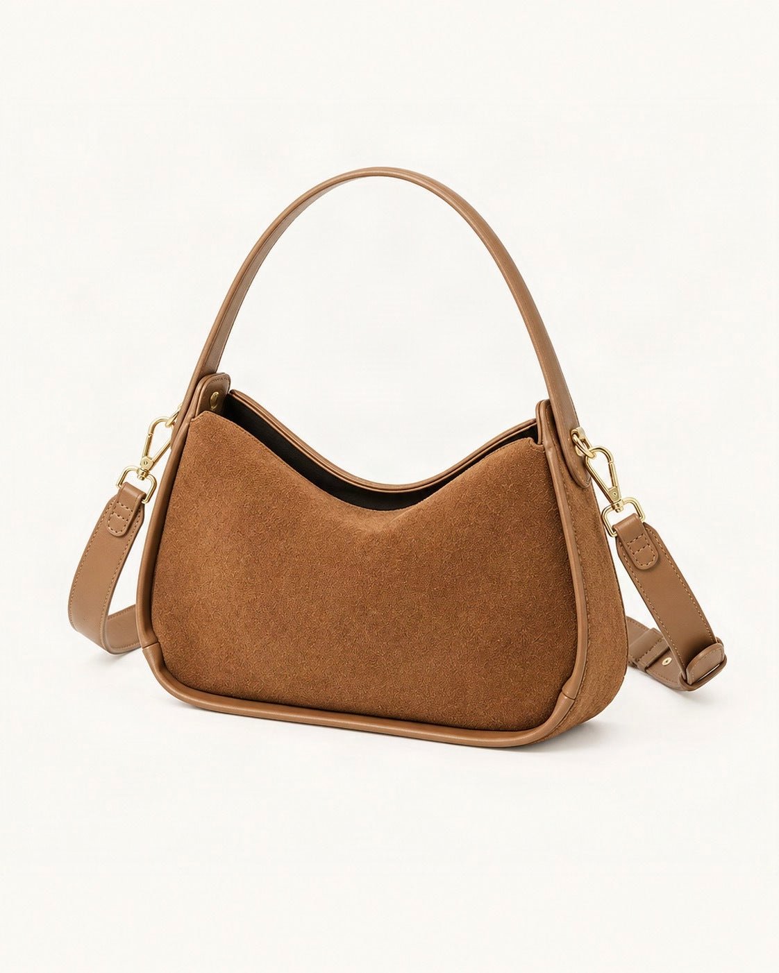 Suede Cowhide Small Plus Shoulder Bag — front three-quarter view on a warm white background