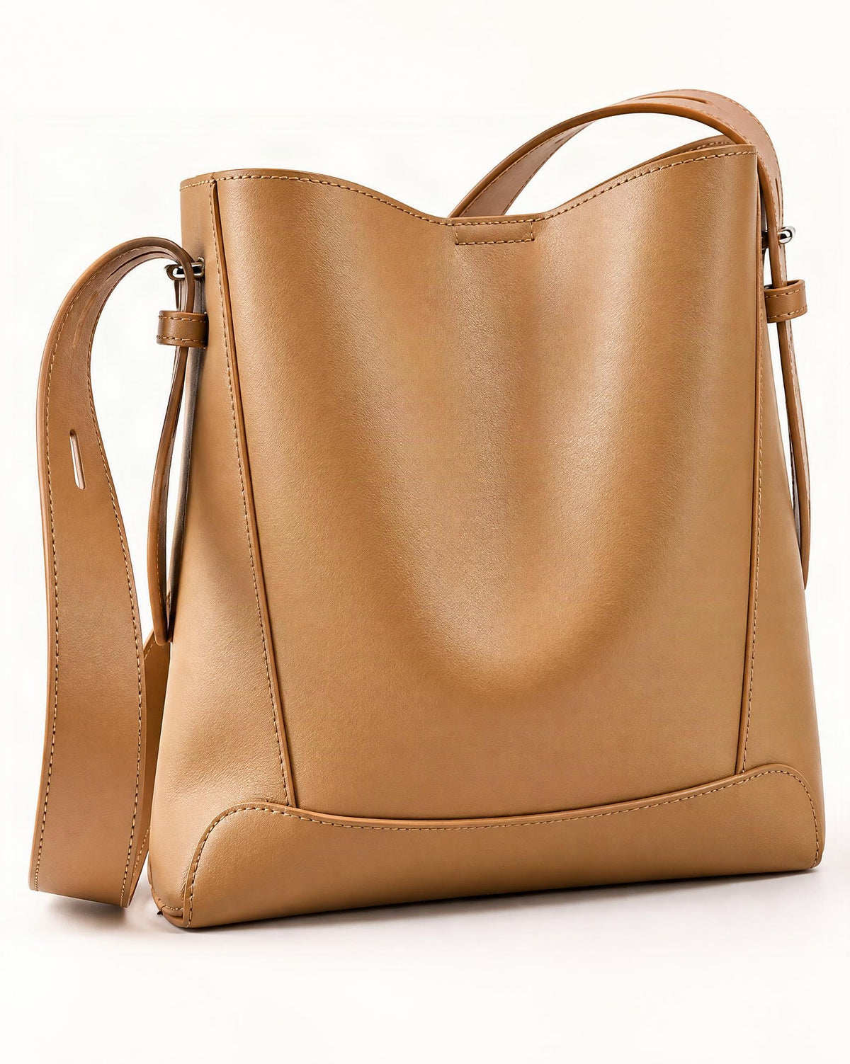 Genuine Leather Bucket Bag - Small Capacity Crossbody — front three-quarter view on a warm white background