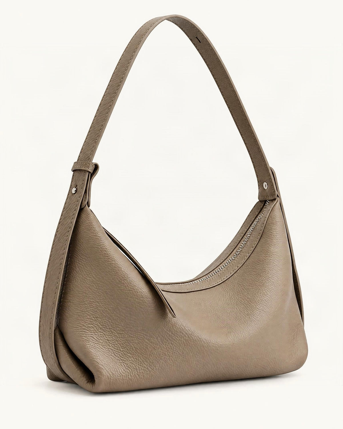 Top-Grain Cowhide Leather Hobo Bag — front three-quarter view on a warm white background