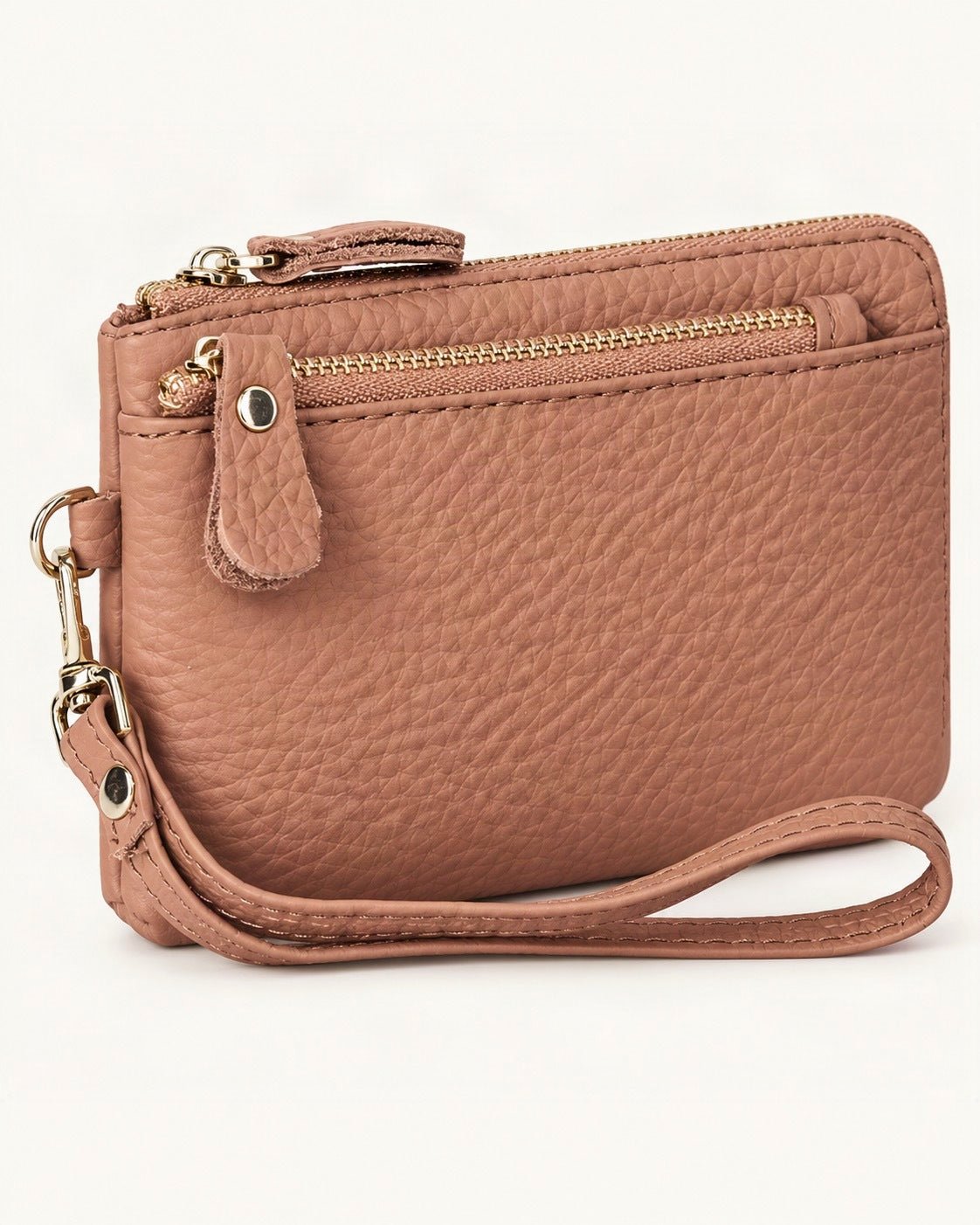 Genuine Leather Mini Clutch Wallet — front three-quarter view on a warm white background