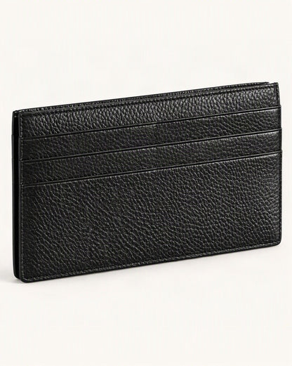 Cowhide Leather Slim Long Wallet with 6 Card Slots — front three-quarter view on a warm white background