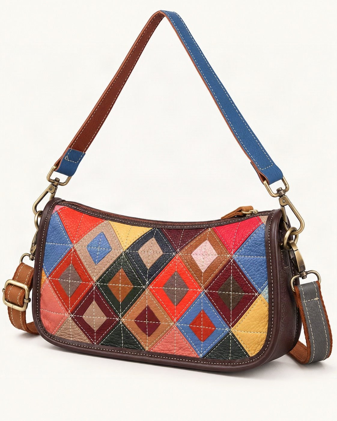 Top-Grain Cowhide Geometric Patchwork Shoulder Bag — front three-quarter view on a warm white background