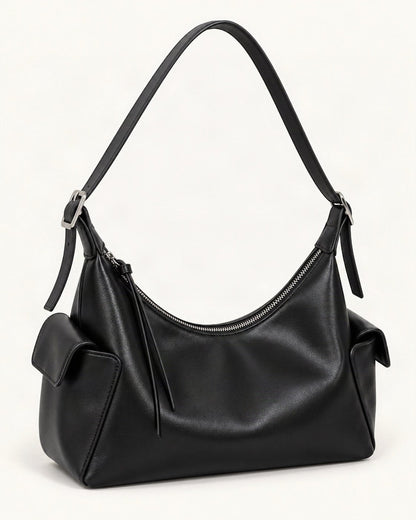 Top-Grain Cowhide Small Plus Shoulder Bag — front three-quarter view on a warm white background