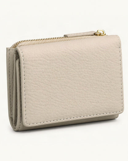 Genuine Leather RFID Small Wallet with Coin Pocket — front three-quarter view on a warm white background