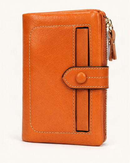 Cowhide Leather Short Wallet 12 Card Slots Zip Coin — front three-quarter view on a warm white background