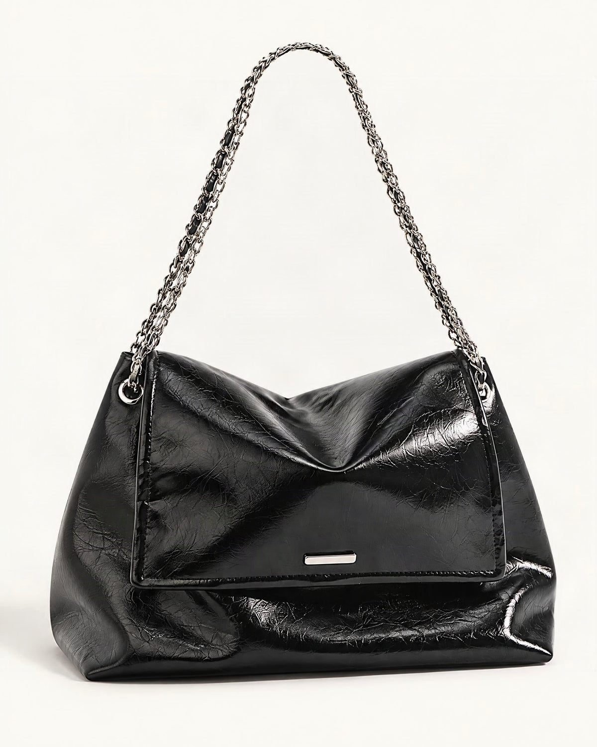 Cowhide Leather Soft Chain Shoulder Bag – Horizontal Tote — front three-quarter view on a warm white background