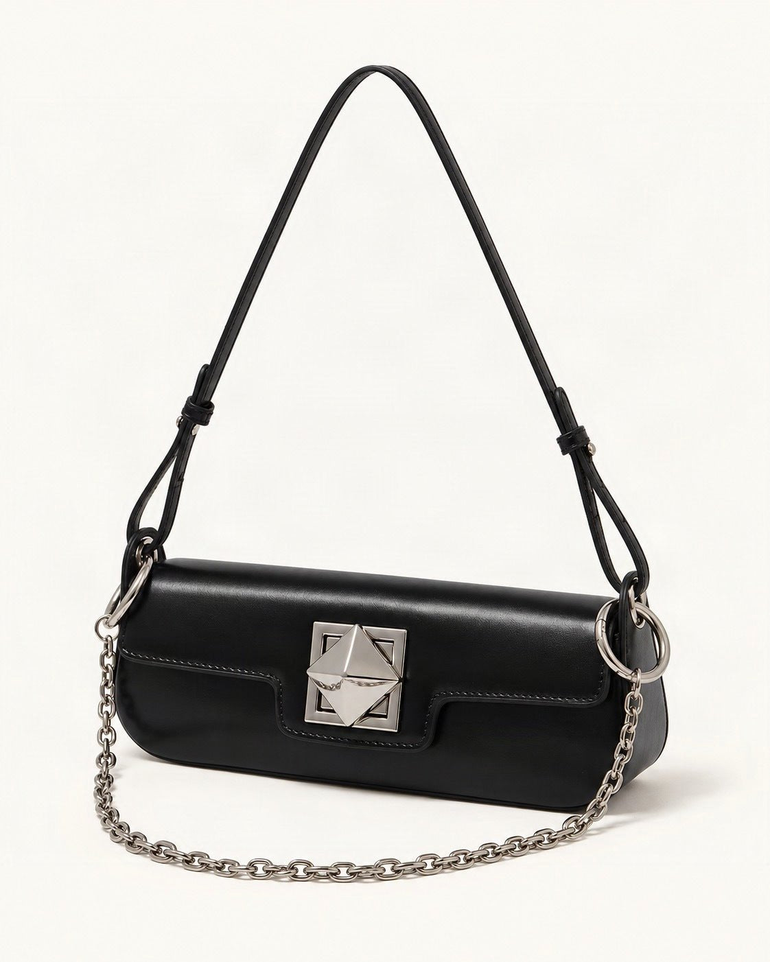 Leather Baguette Shoulder Bag — front three-quarter view on a warm white background