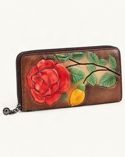 Top-Grain Cowhide Zip-Around Wallet — front three-quarter view on a warm white background