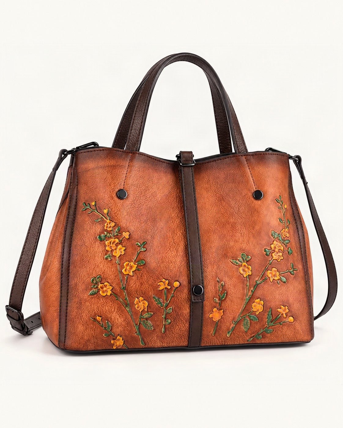Cowhide Small Tote Bag — front three-quarter view on a warm white background