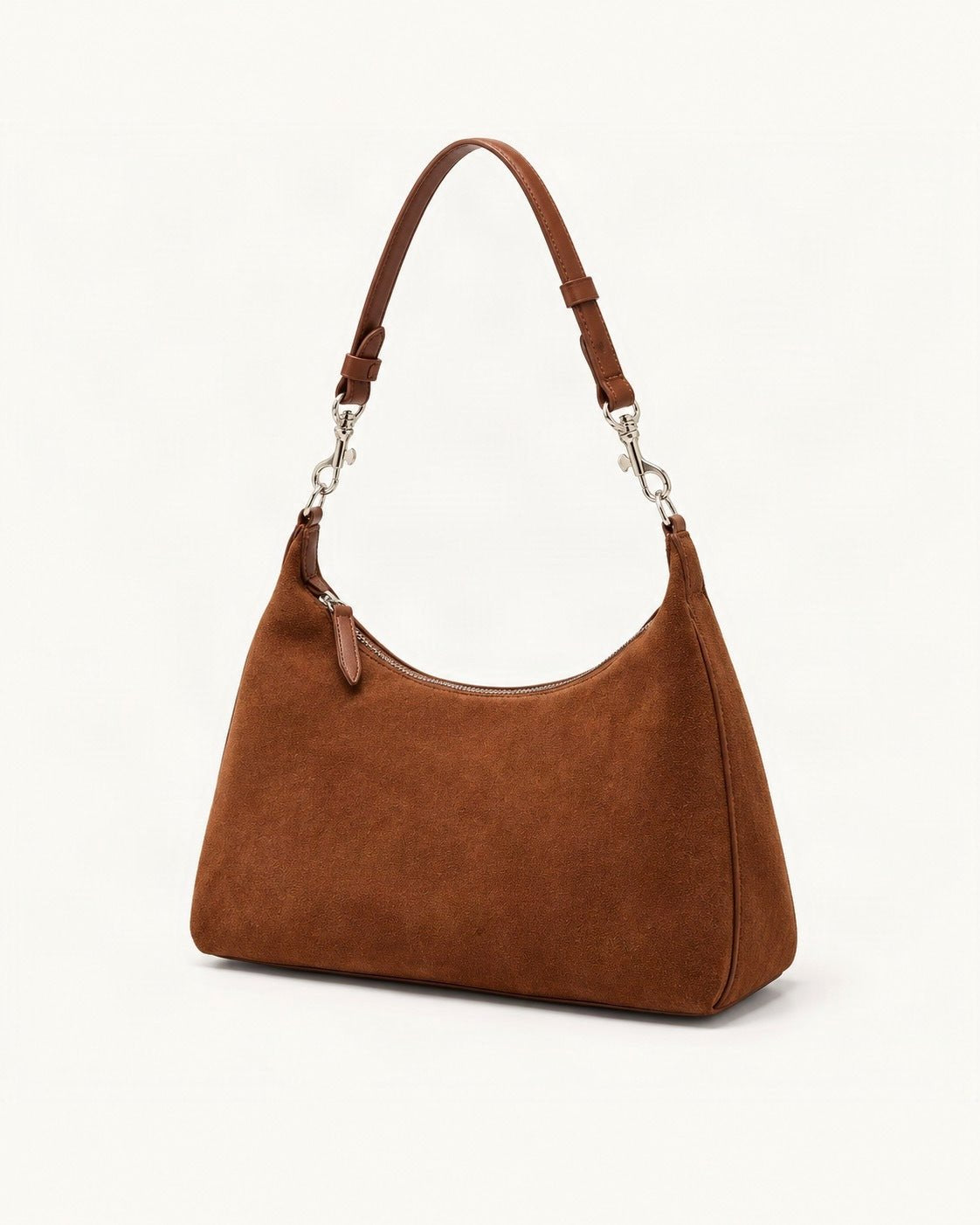 Cowhide Suede-Panel Shoulder Bag — front three-quarter view on a warm white background