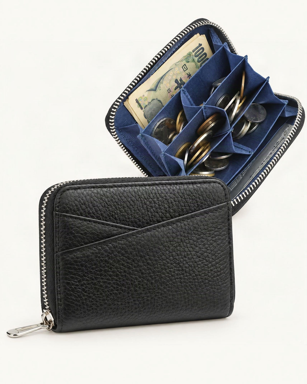 Genuine Leather Coin Purse with RFID Blocking Card Slots — front three-quarter view on a warm white background
