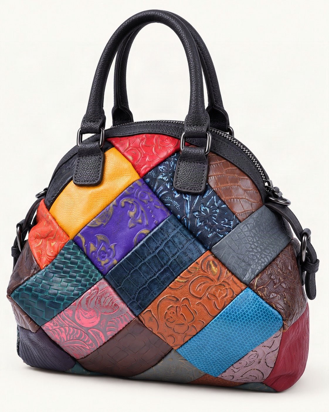 Top-Grain Cowhide Patchwork Shoulder Bag — front three-quarter view on a warm white background