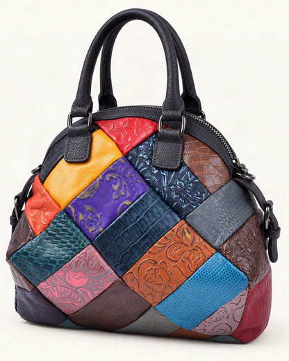 Top-Grain Cowhide Patchwork Shoulder Bag — front three-quarter view on a warm white background