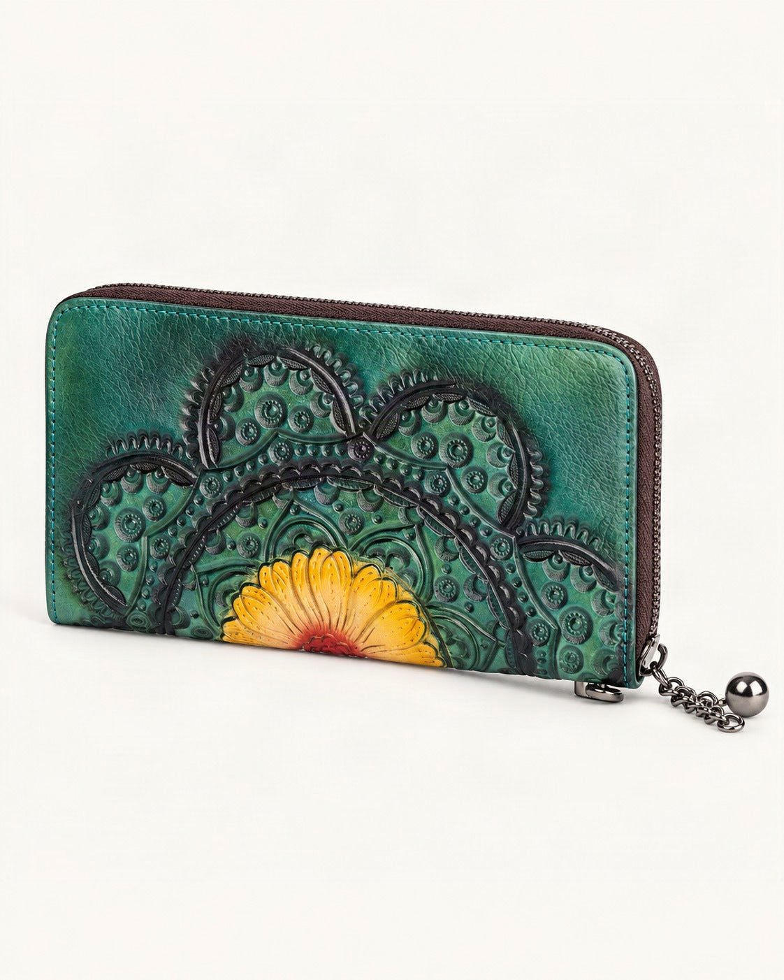 Top-Grain Cowhide Zip-Around Wallet with Floral Embossing — front three-quarter view on a warm white background