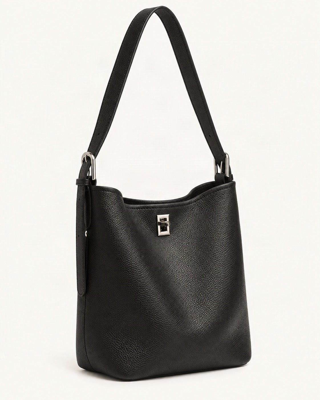 Top-Grain Cowhide Leather Bucket Bag, 7.9 x 9.1 x 4.7 in — front three-quarter view on a warm white background