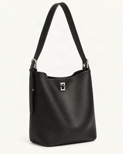 Top-Grain Cowhide Leather Bucket Bag, 7.9 x 9.1 x 4.7 in — front three-quarter view on a warm white background