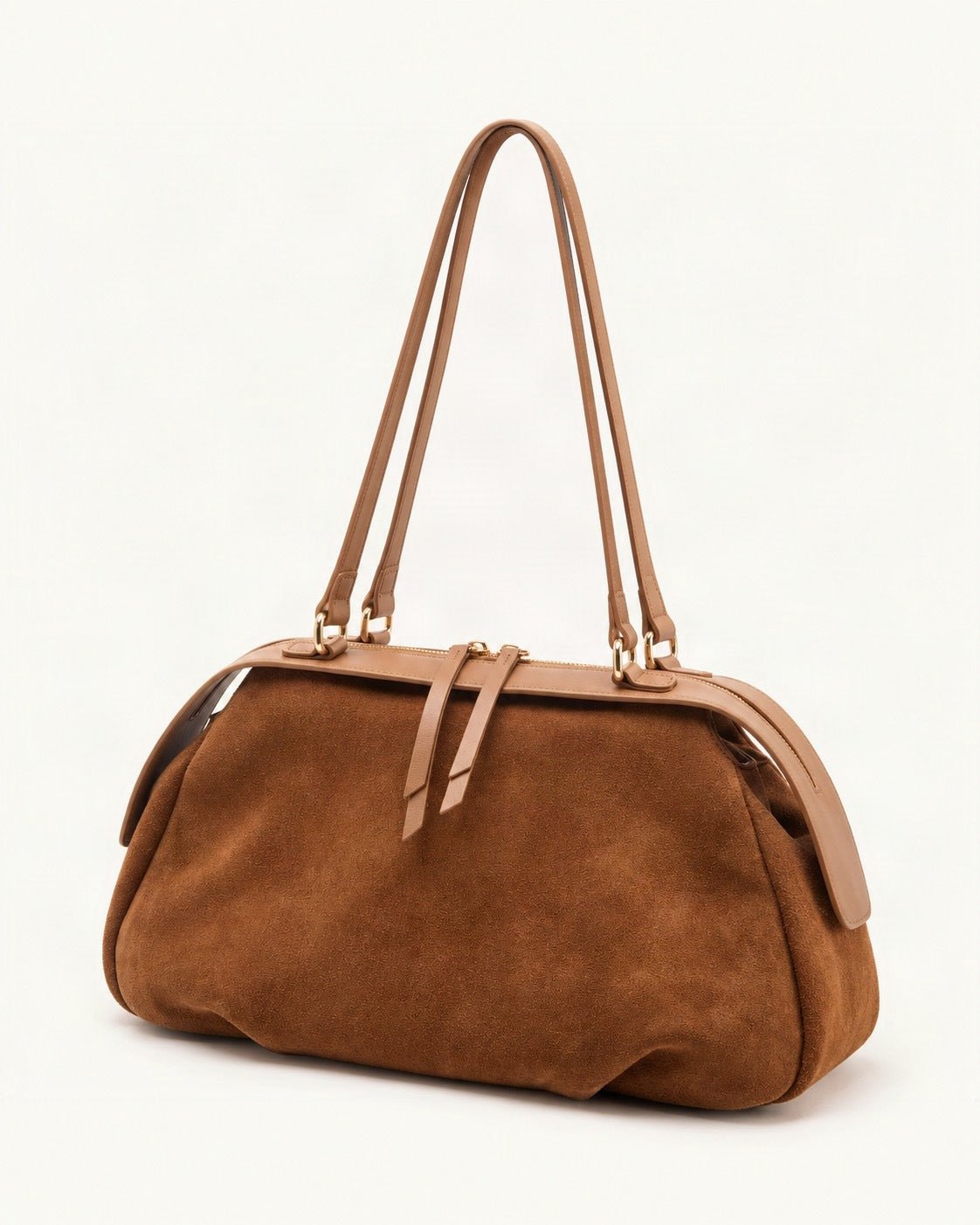Suede Cowhide Shoulder Bag – Color Options — front three-quarter view on a warm white background