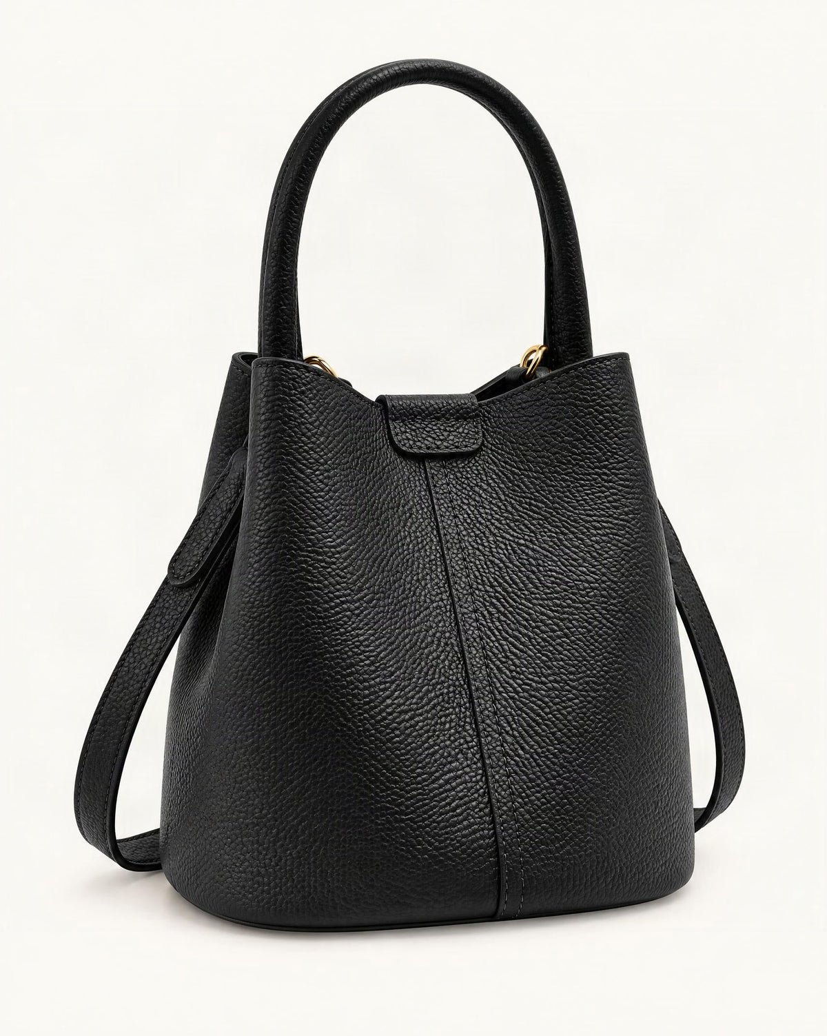 Top-Grain Cowhide Mini Bucket Bag — front three-quarter view on a warm white background