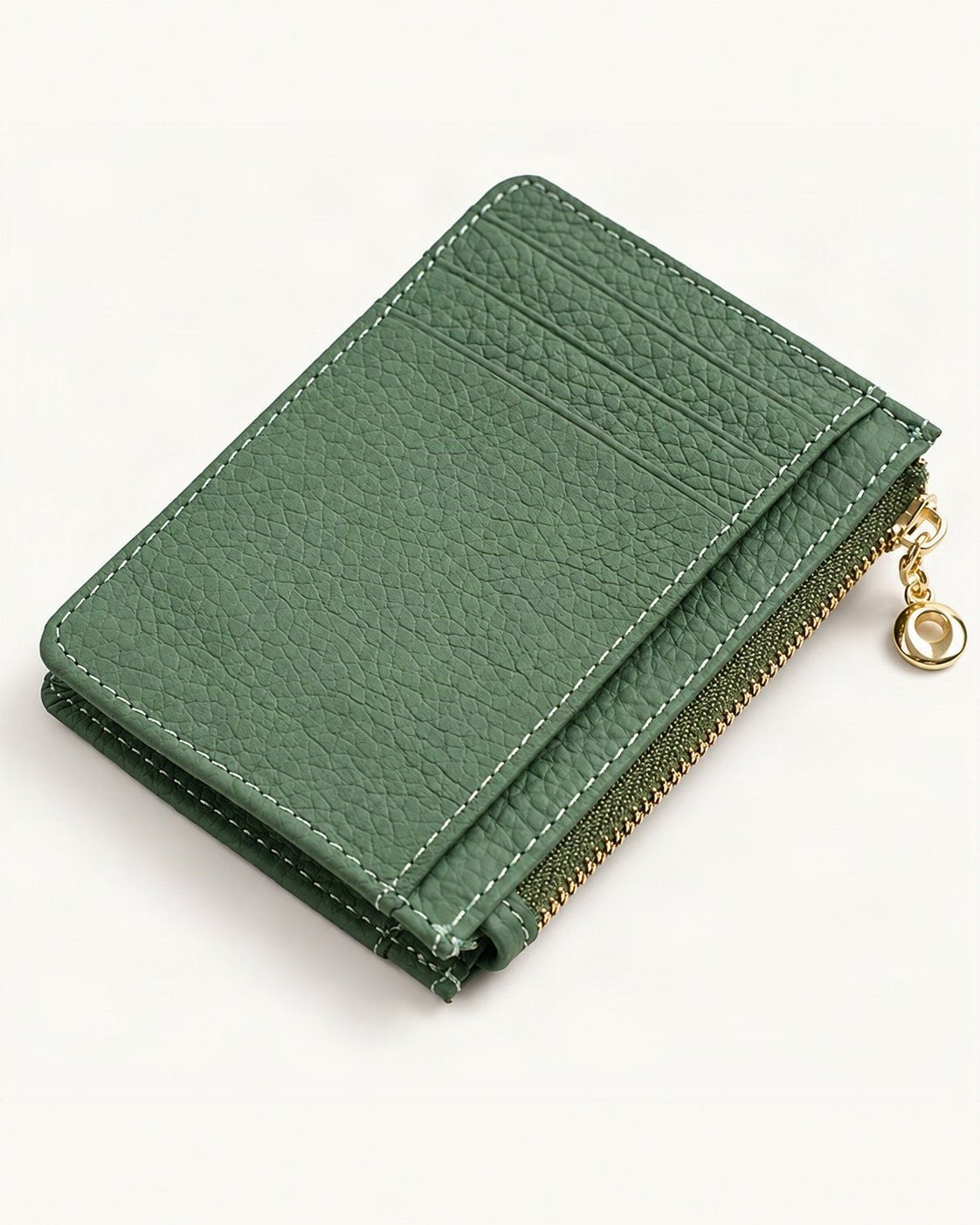 Top-Grain Cowhide Slim Card Holder with Zip Coin Pocket — front three-quarter view on a warm white background