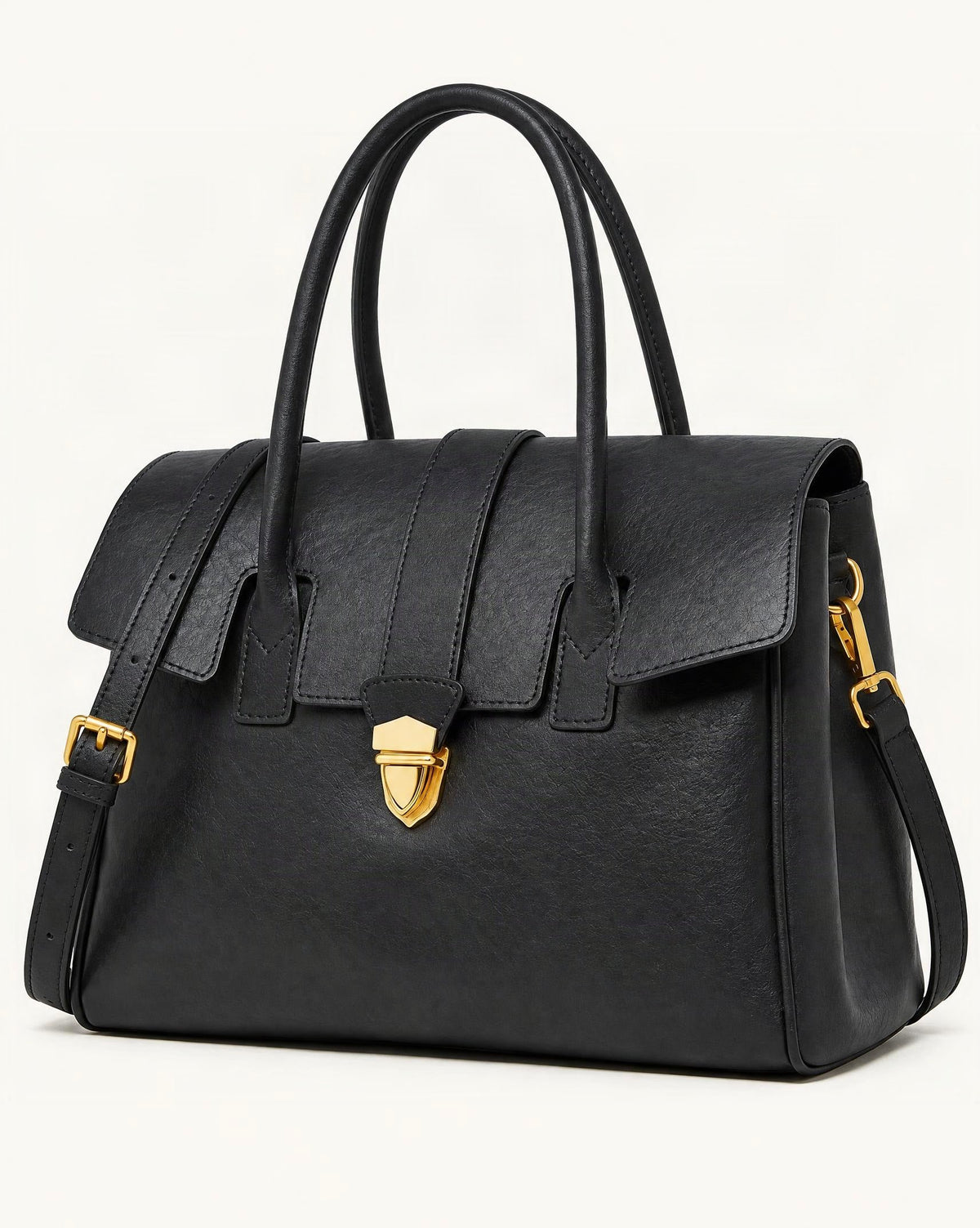 Top-Grain Cowhide Small Plus Satchel Bag — front three-quarter view on a warm white background