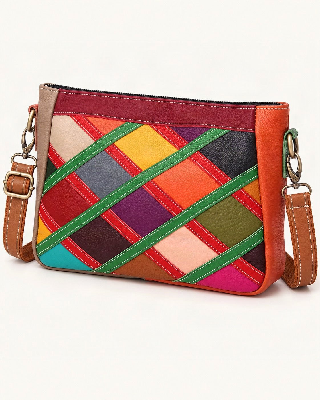 Top-Grain Cowhide Patchwork Crossbody Bag — front three-quarter view on a warm white background