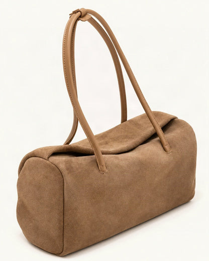 Nubuck Cowhide Boston Shoulder Tote — front three-quarter view on a warm white background
