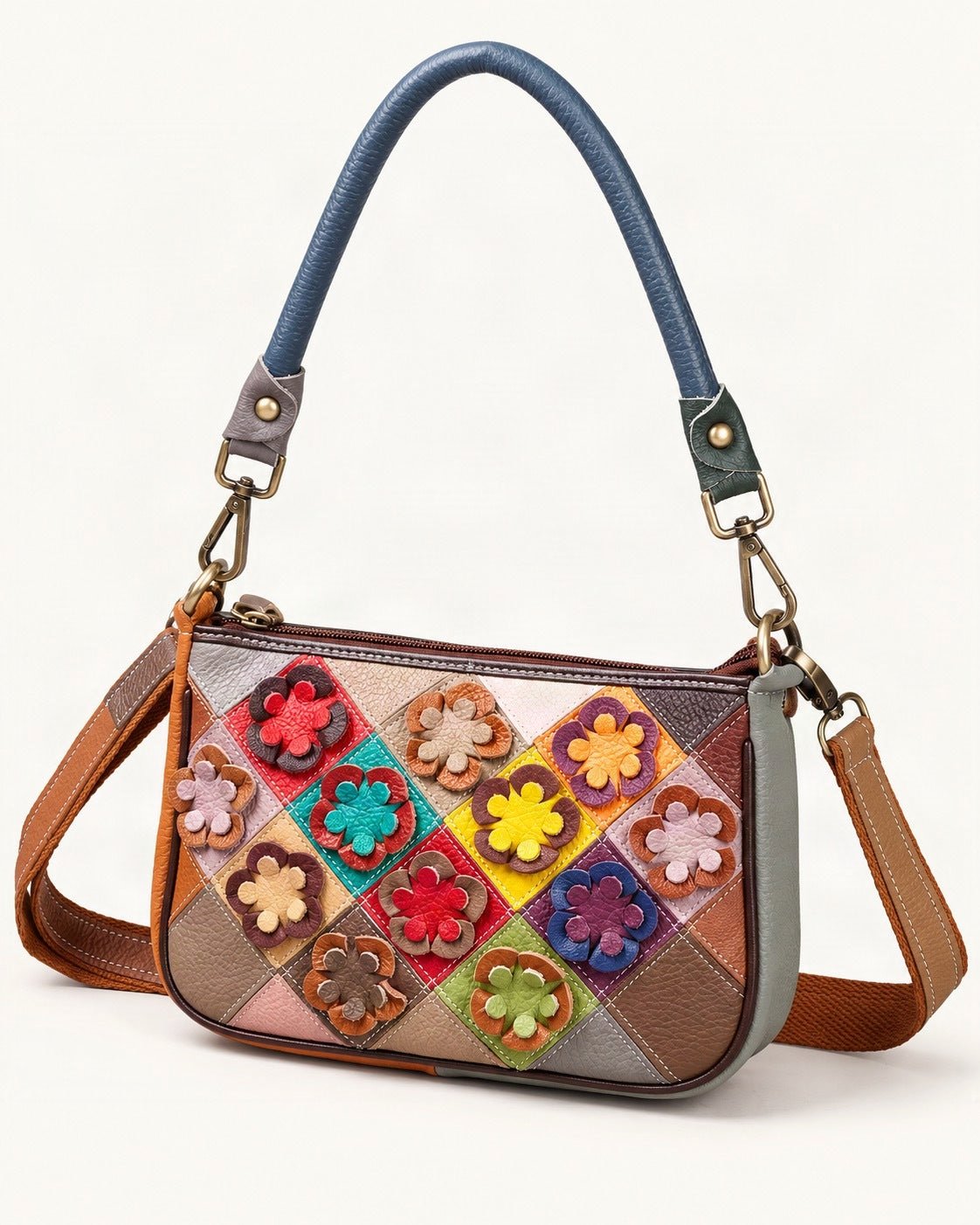 Top-Grain Cowhide Small Crossbody Bag – Random Multicolor — front three-quarter view on a warm white background
