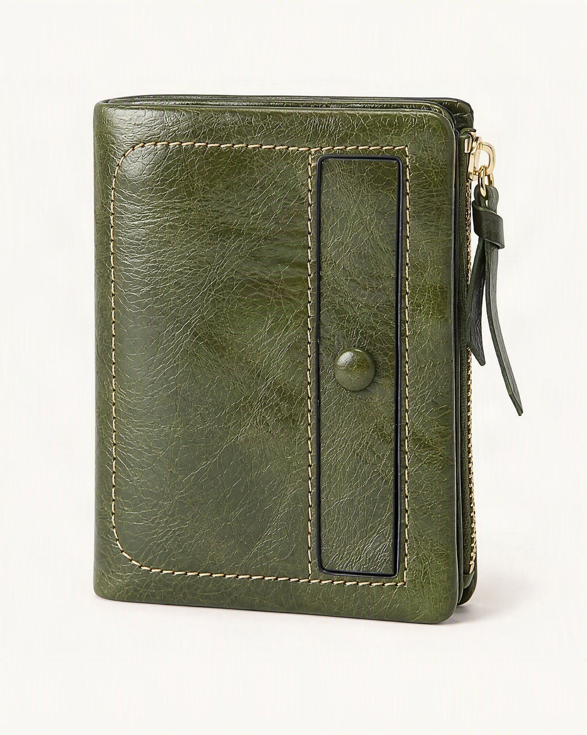 Top-Grain Cowhide Vintage Vertical Short Wallet — front three-quarter view on a warm white background