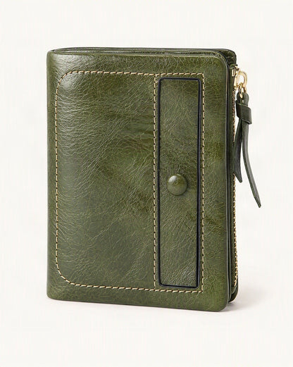 Top-Grain Cowhide Vintage Vertical Short Wallet — front three-quarter view on a warm white background