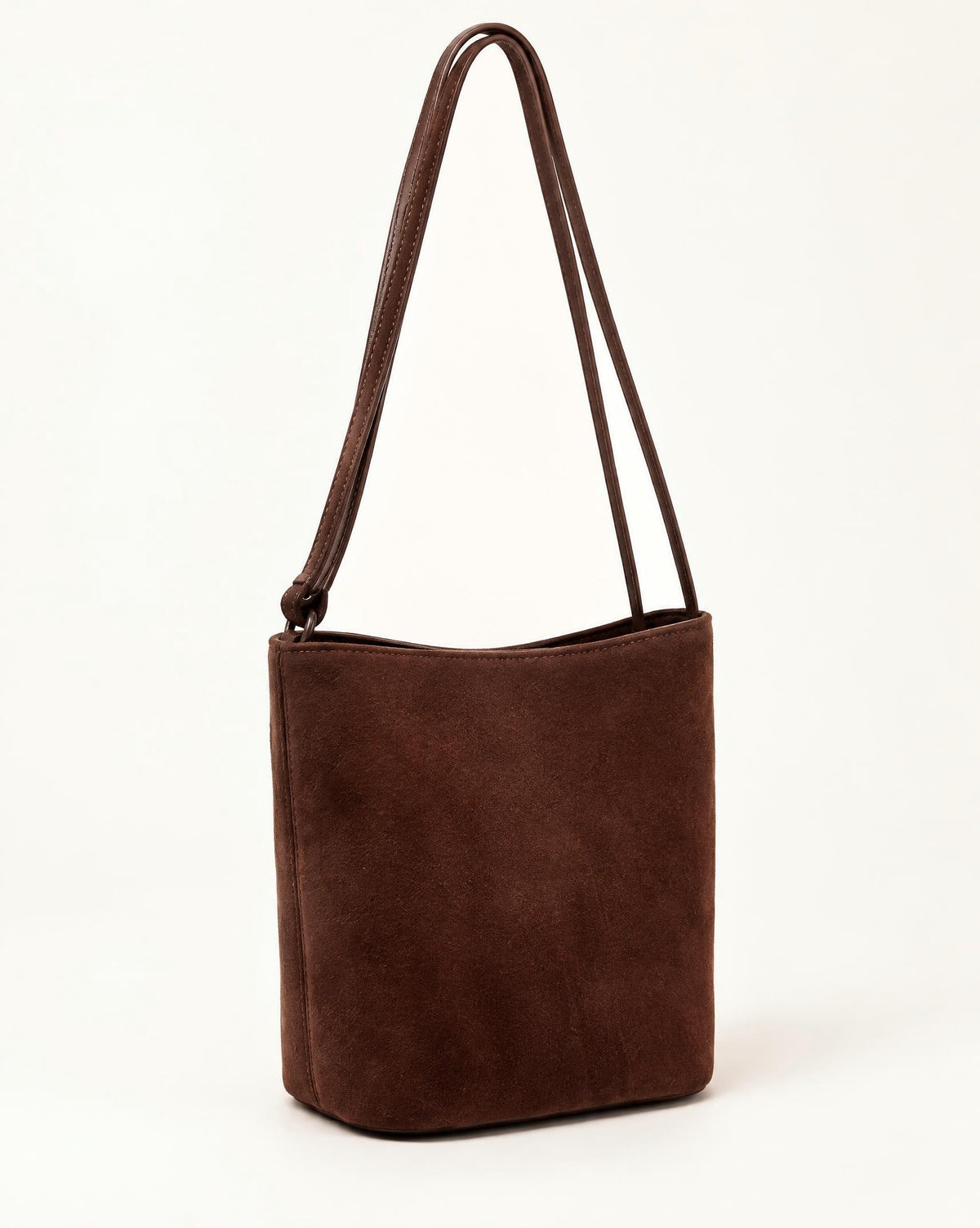 Nubuck Cowhide Bucket Crossbody Bag in Coffee, three-quarter angle