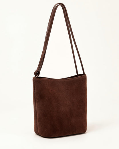 Nubuck Cowhide Bucket Crossbody Bag in Coffee, three-quarter angle
