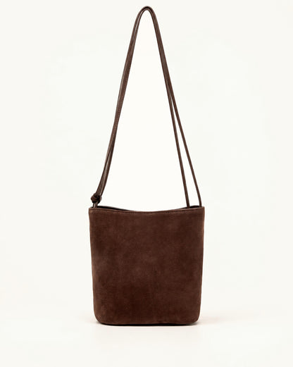Nubuck Cowhide Bucket Crossbody Bag in Coffee, front
