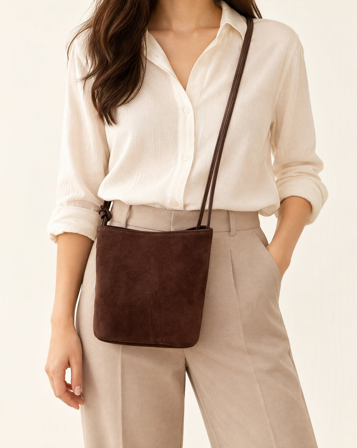 Nubuck Cowhide Bucket Crossbody Bag in Coffee, on model