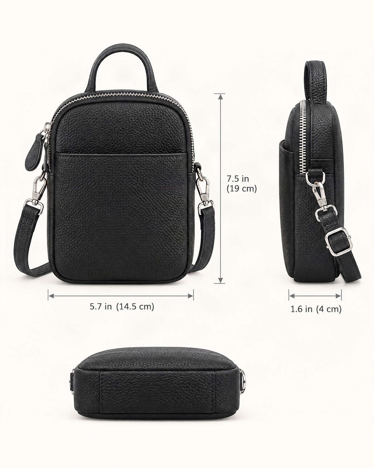 Split Leather Mini Bucket Bag with Pearl Chain dimensions diagram, in inches and centimetres