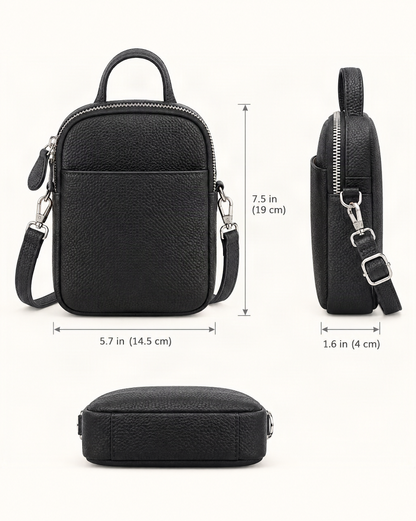 Split Leather Mini Bucket Bag with Pearl Chain dimensions diagram, in inches and centimetres