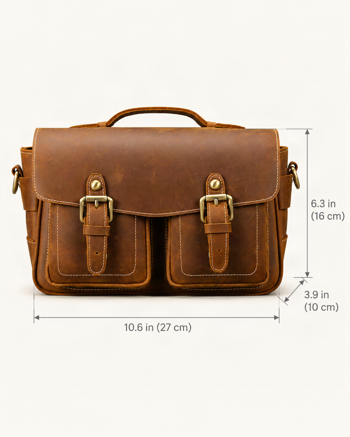Top-Grain Cowhide Camera Crossbody Bag dimensions diagram, in inches and centimetres