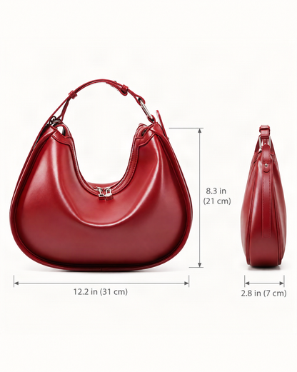 Cowhide Leather Crescent Shoulder Bag dimensions diagram, in inches and centimetres