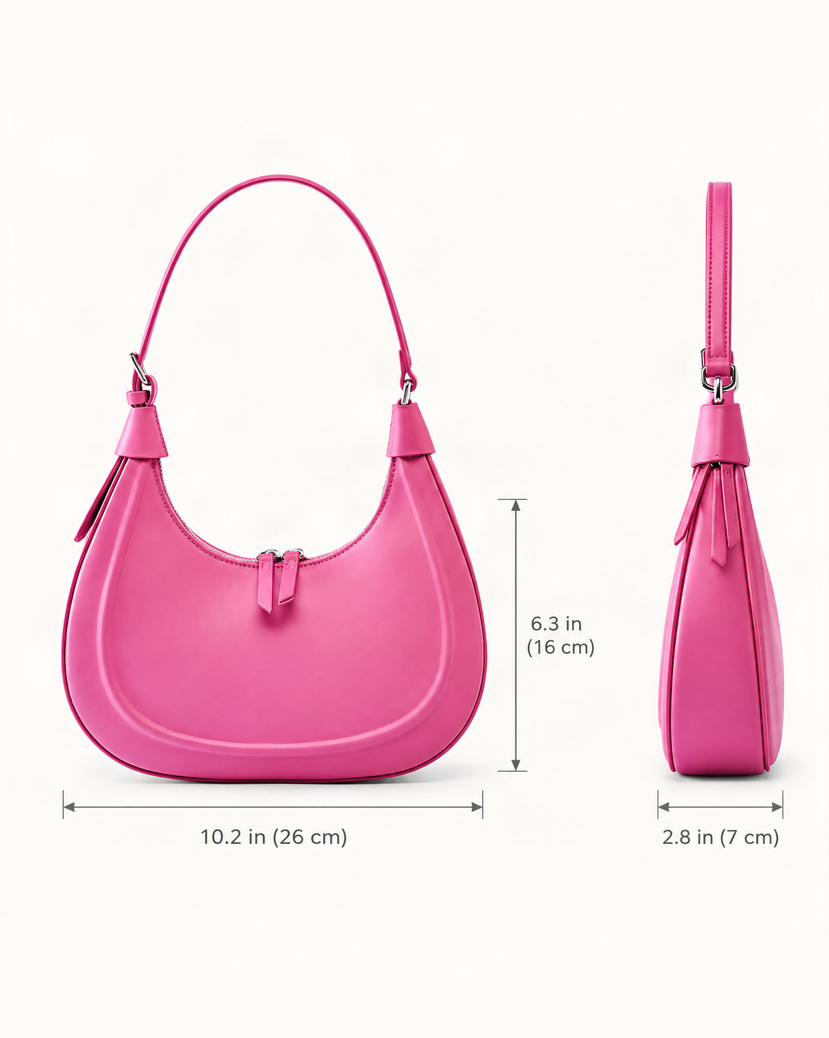 Cowhide Crescent Moon Bag dimensions diagram, in inches and centimetres