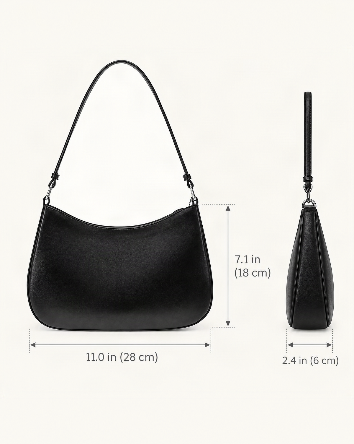 Cowhide Leather Underarm Shoulder Bag with Stitched Detail dimensions diagram, in inches and centimetres
