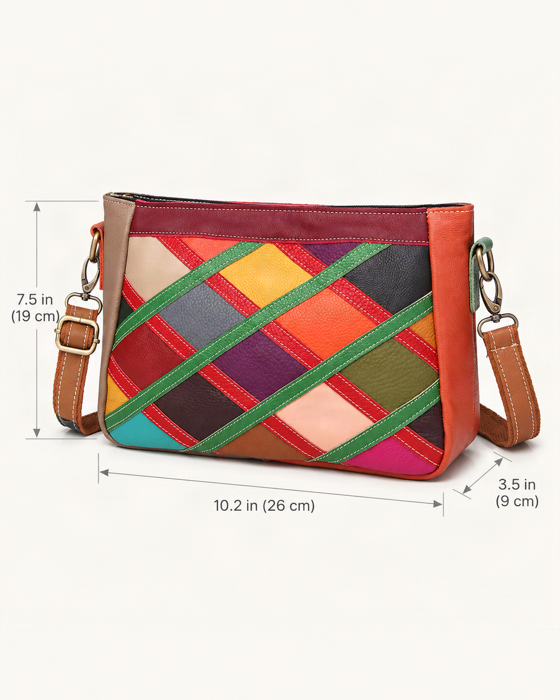 Top-Grain Cowhide Patchwork Crossbody Bag dimensions diagram, in inches and centimetres