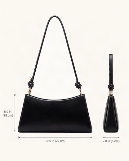 Cowhide Leather Underarm Shoulder Bag with Knotted Strap dimensions diagram, in inches and centimetres