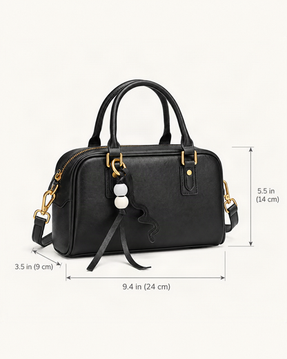 Cowhide Leather Double-Handle Pillow Crossbody Bag dimensions diagram, in inches and centimetres