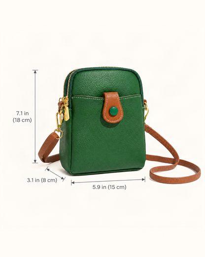 Cowhide Micro Crossbody Phone Bag with Detachable Strap dimensions diagram, in inches and centimetres