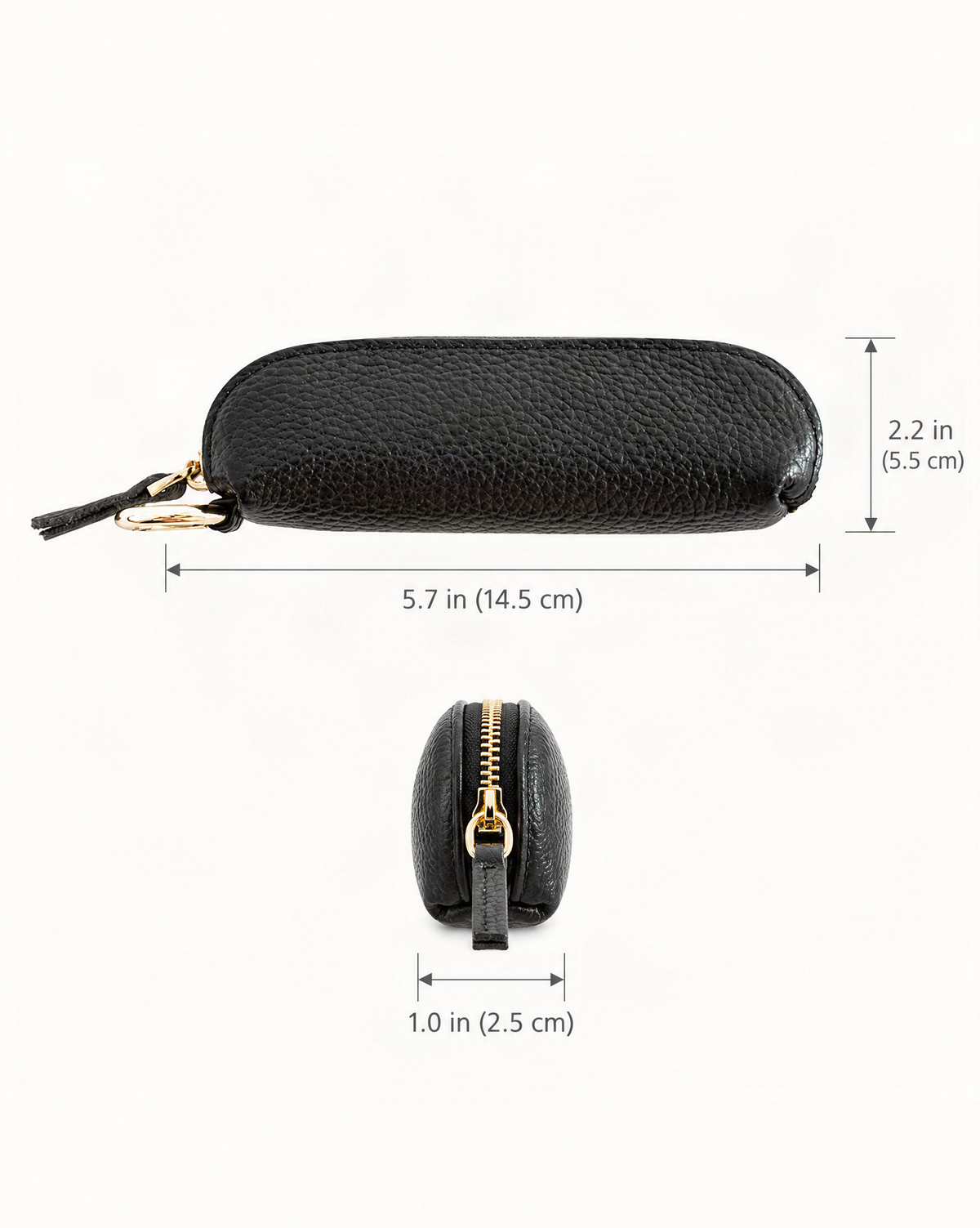 Top-Grain Cowhide Mini Zip Pouch with Keyring Clip dimensions diagram, in inches and centimetres