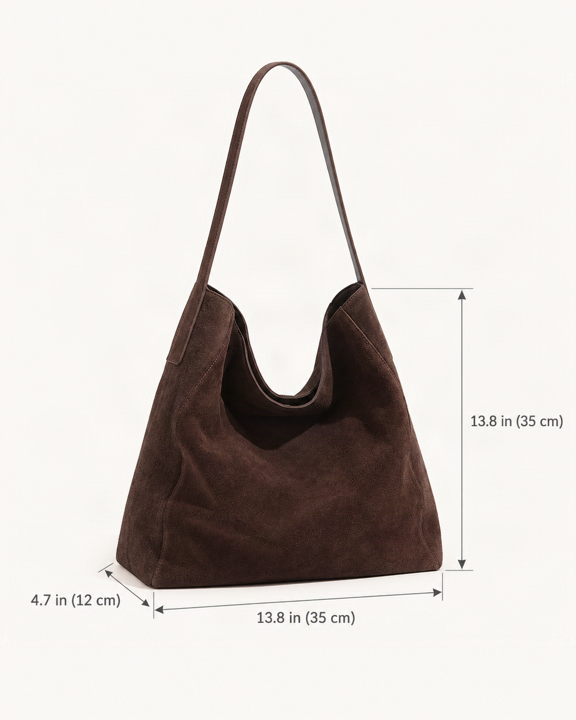 Suede Cowhide Slouchy Shoulder Tote Bag dimensions diagram, in inches and centimetres