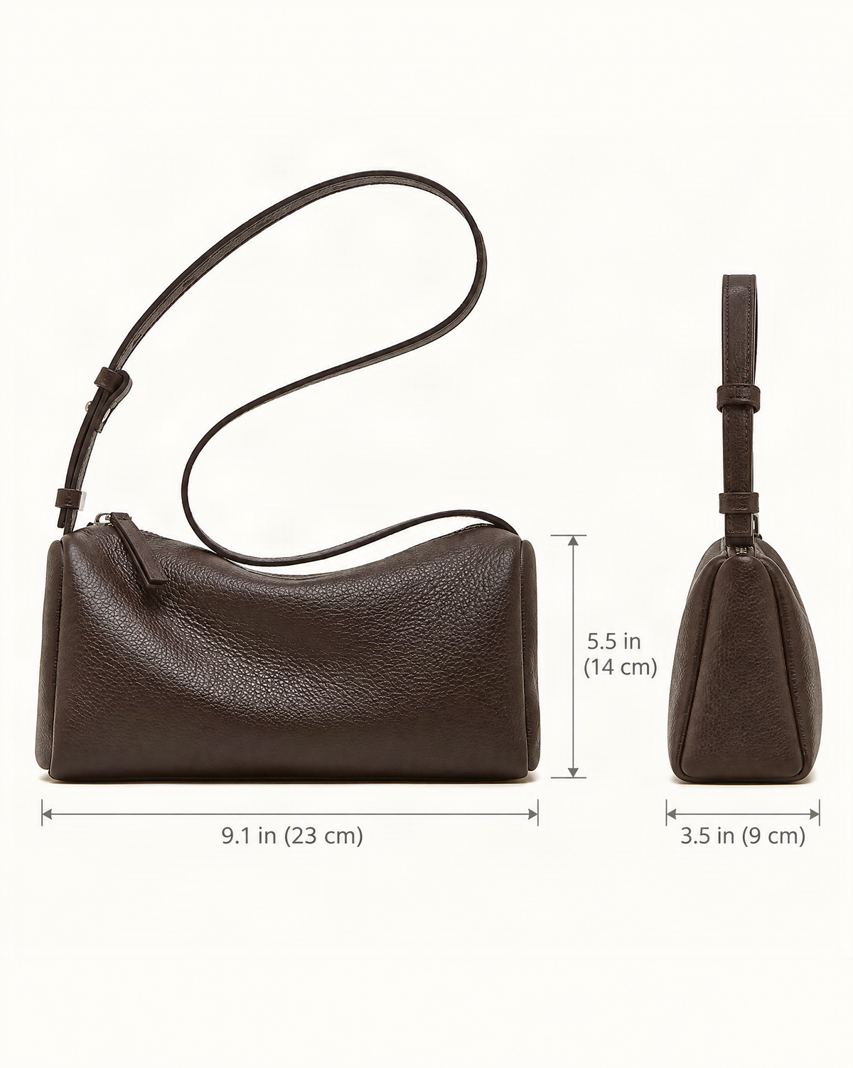 Cowhide Leather Small Barrel Crossbody Bag dimensions diagram, in inches and centimetres