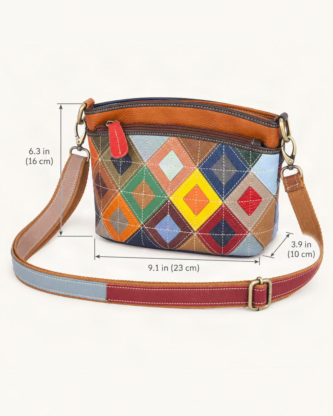 Top-Grain Cowhide Small Crossbody Bag dimensions diagram, in inches and centimetres