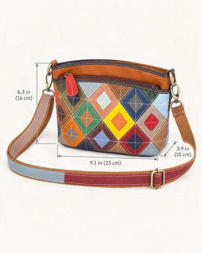 Top-Grain Cowhide Small Crossbody Bag dimensions diagram, in inches and centimetres