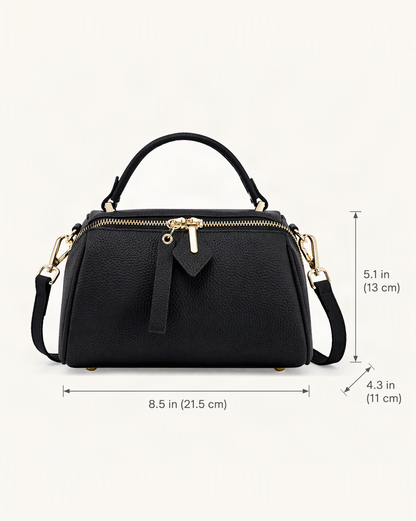 Top-Grain Cowhide Small Boston Bag dimensions diagram, in inches and centimetres
